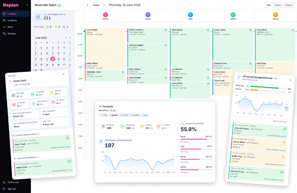 Replan in the browser: salon calendar with appointments and WhatsApp